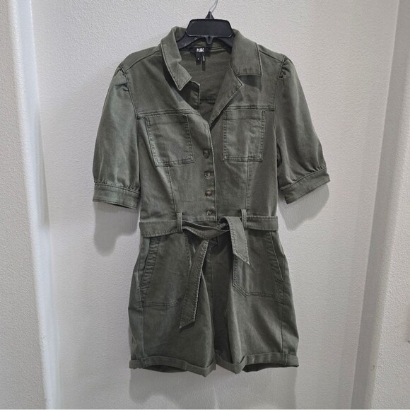 Paige denim olive romper with tie sash and button front size 8 - Picture 1 of 5